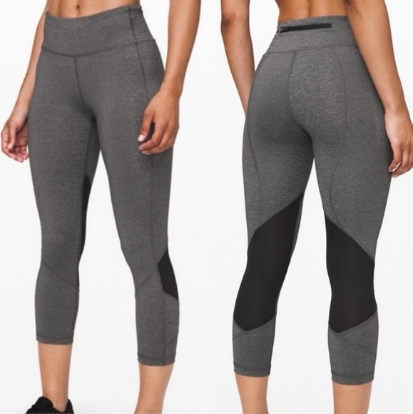 Lululemon Pace Rival Crop 22” Heathered Black Gray Size 6 Mesh Panels + Pockets - Picture 1 of 14